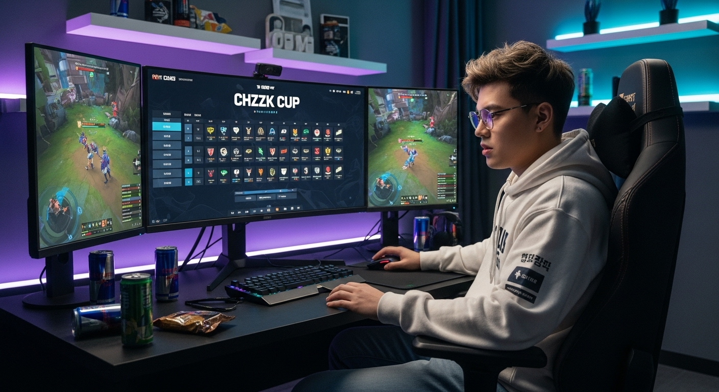 현대 한국 e스포츠 팬이 CHZZK CUP 일정을 확인하는 모습
