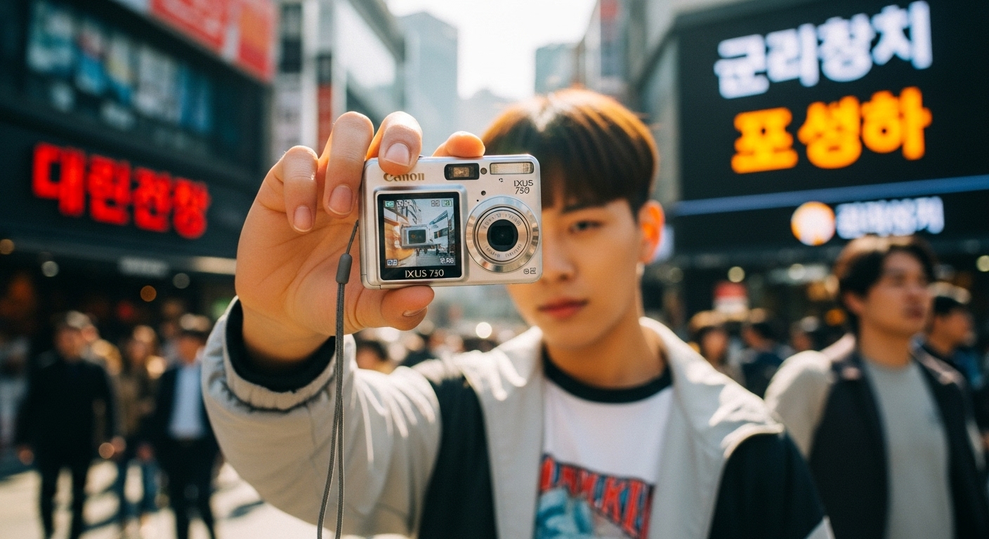 현대 한국 청년이 도시 배경에서 캐논 IXUS 750 카메라를 들고 있는 모습