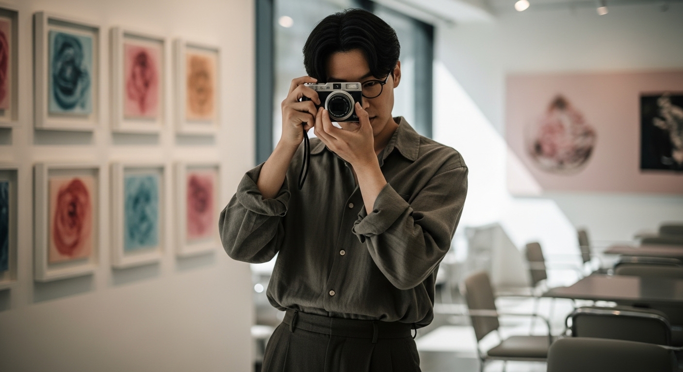 아트 갤러리나 카페에서 캐논 IXUS 750을 활용하여 콘텐츠를 제작하는 한국 크리에이터