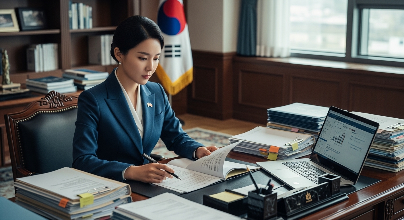 대통령실 사무실에서 서류와 노트북을 보고 있는 김현지 실장의 모습