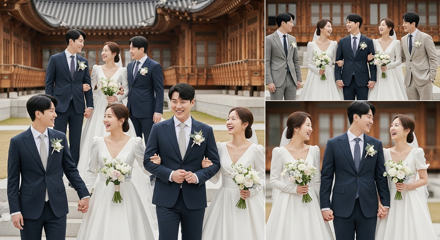 전통 예식장에서 즐거운 웨딩 사진 촬영을 하는 커플들