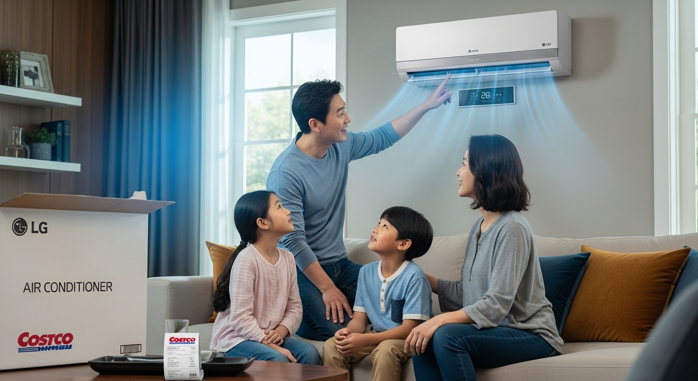 LG 에어컨을 구매하는 가족의 여유로운 거실 모습