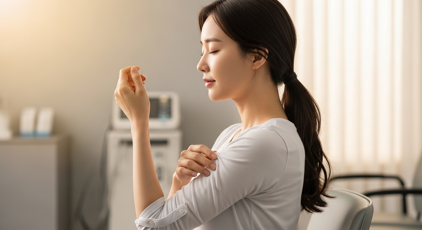 주사 후 팔에 미세한 느낌을 받는 여성의 차분한 표정