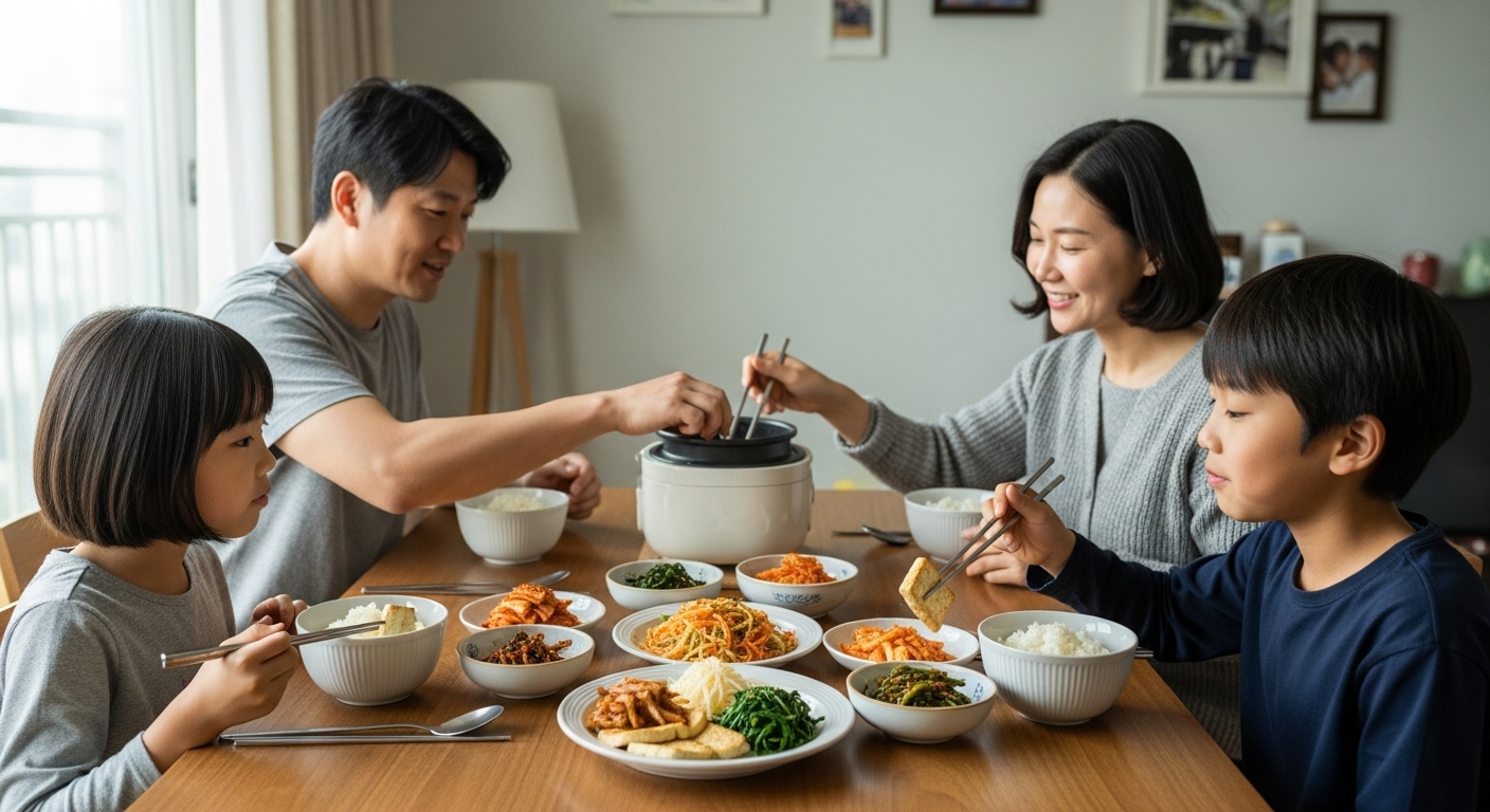 집에서 소규모 식사를 함께하는 가족의 편안한 분위기