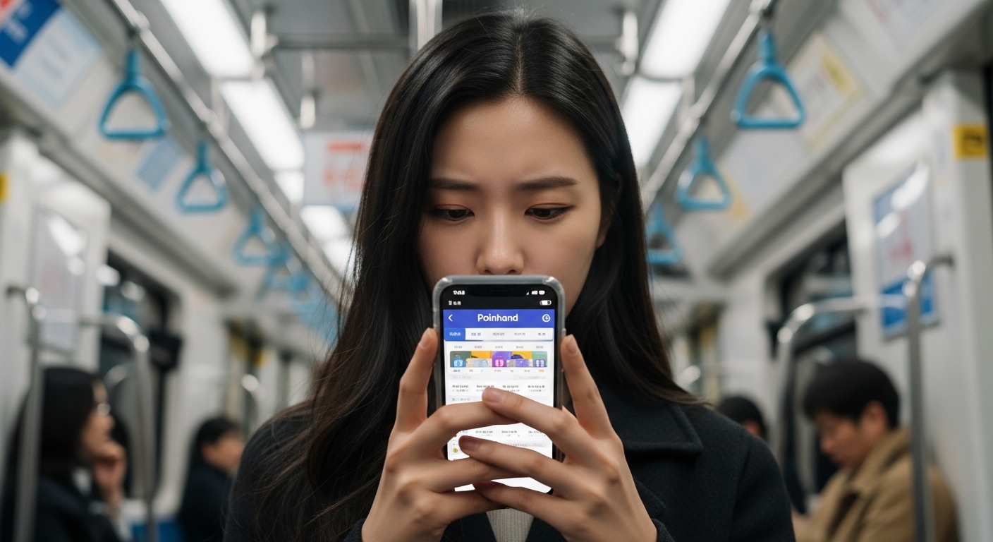 서울 지하철에서 스마트폰으로 포인핸드 앱을 사용하는 젊은 여성의 모습