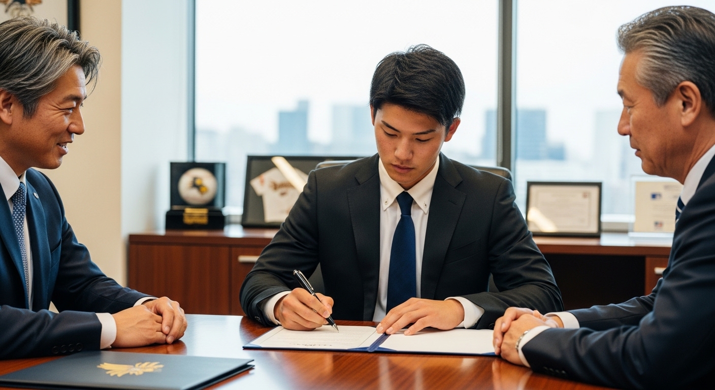 젊은 일본 야구 선수가 사무실에서 팀 계약서에 서명하는 모습