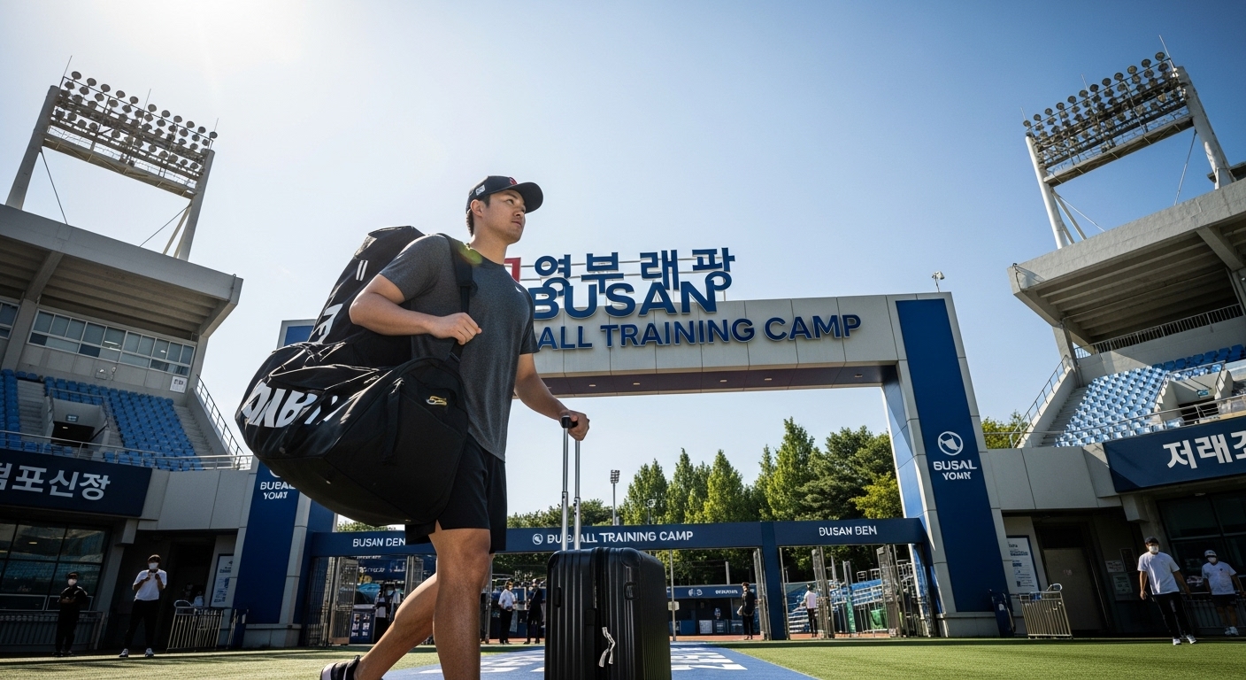 부산 야구 캠프에 짐을 들고 도착한 일본 투수