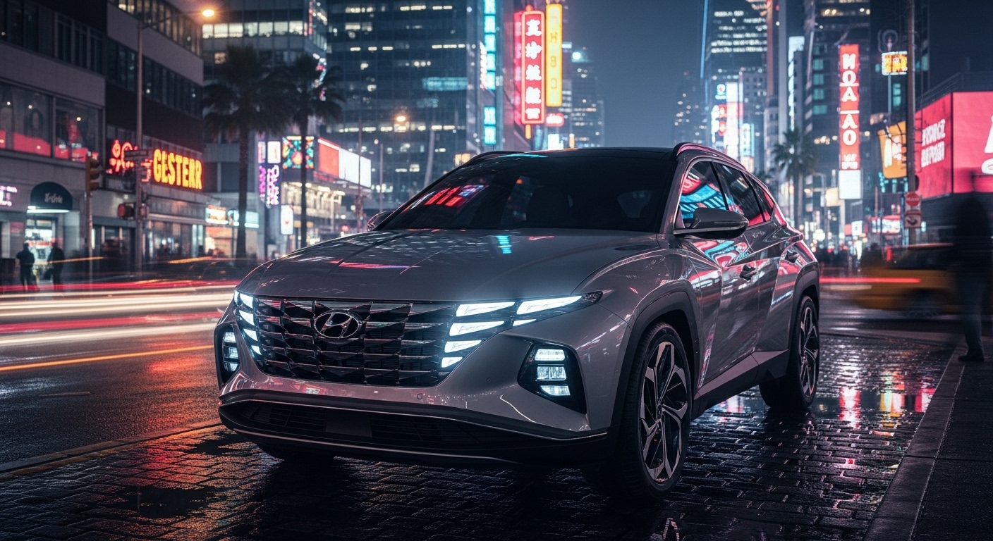 현대적인 도시 야경 속에서 빛나는 투싼 NX5 콘셉트 이미지