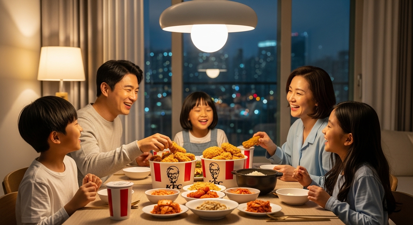 저녁에 가족이 모여 즐겁게 KFC 치킨을 먹는 장면