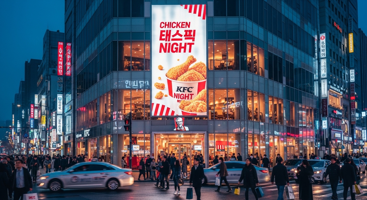 서울의 한밤 중 밝게 빛나는 KFC 매장 외부와 치킨 나이트 홍보 배너