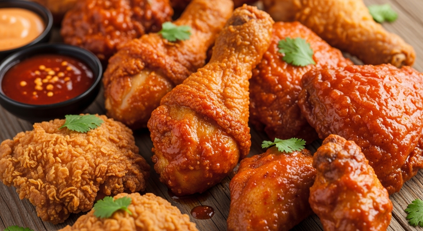 바삭한 식감과 매콤한 소스를 강조한 다양한 종류의 KFC 치킨 클로즈업