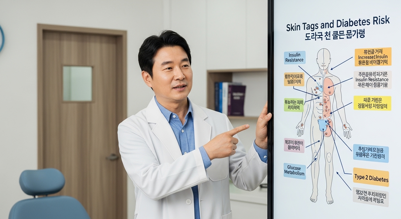 클리닉에서 쥐젖과 당뇨 위험도를 설명하는 의사