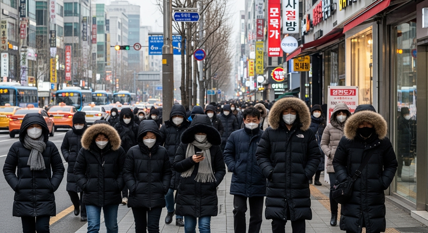 겨울 옷을 입고 도시 거리를 걷는 사람들이 마스크를 쓰고 있는 모습