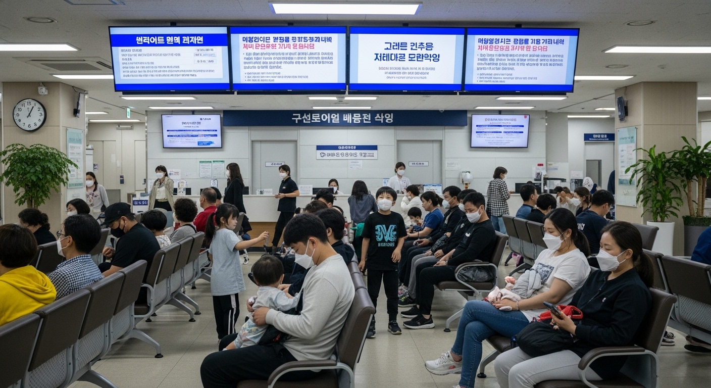 병원 대기실에서 긴장한 표정으로 앉아 있는 가족들과 아이들의 모습