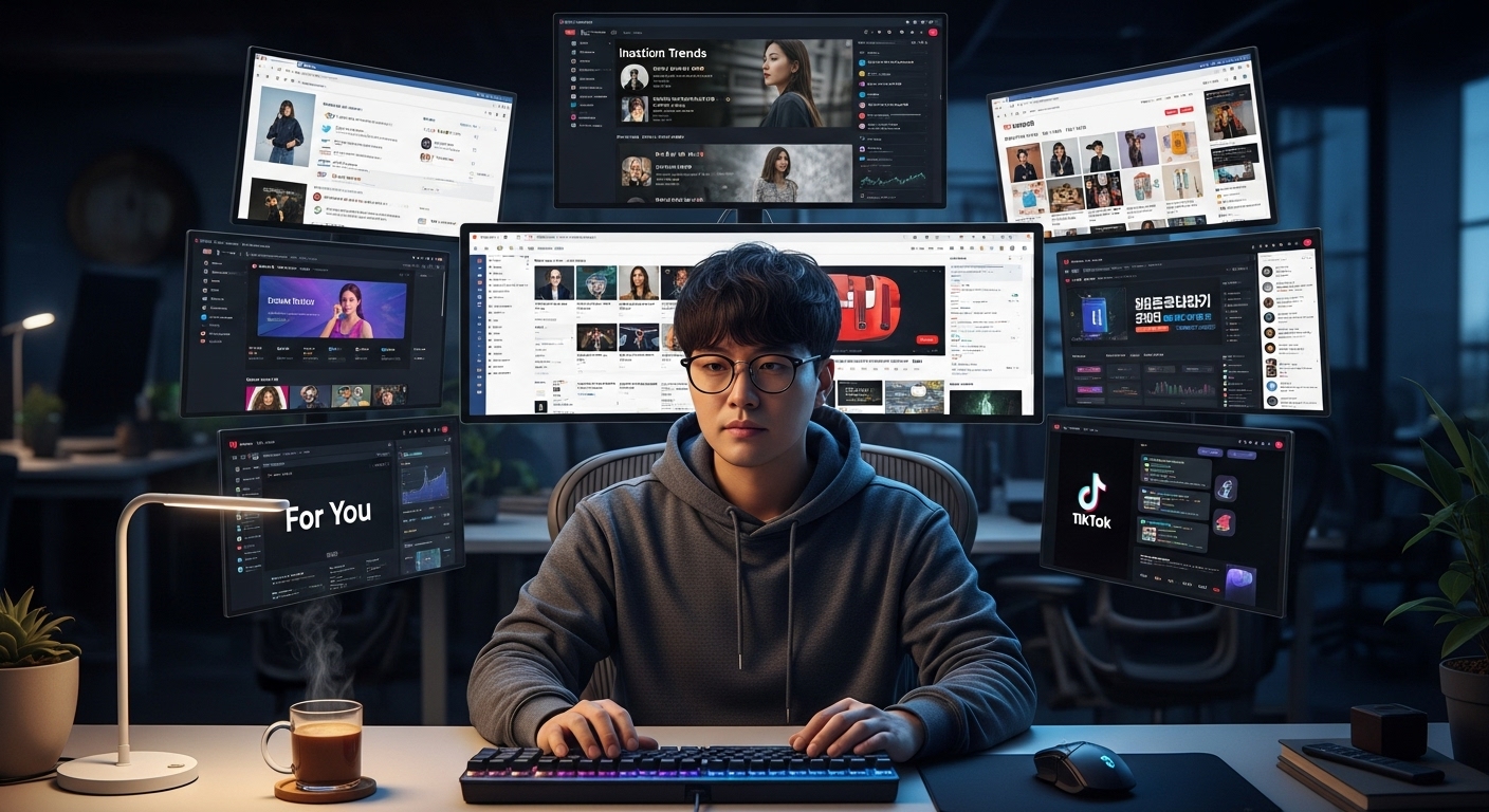 여러 디지털 화면에 소셜 미디어와 전자상거래 플랫폼이 표시된 작업 공간의 IT 전문가
