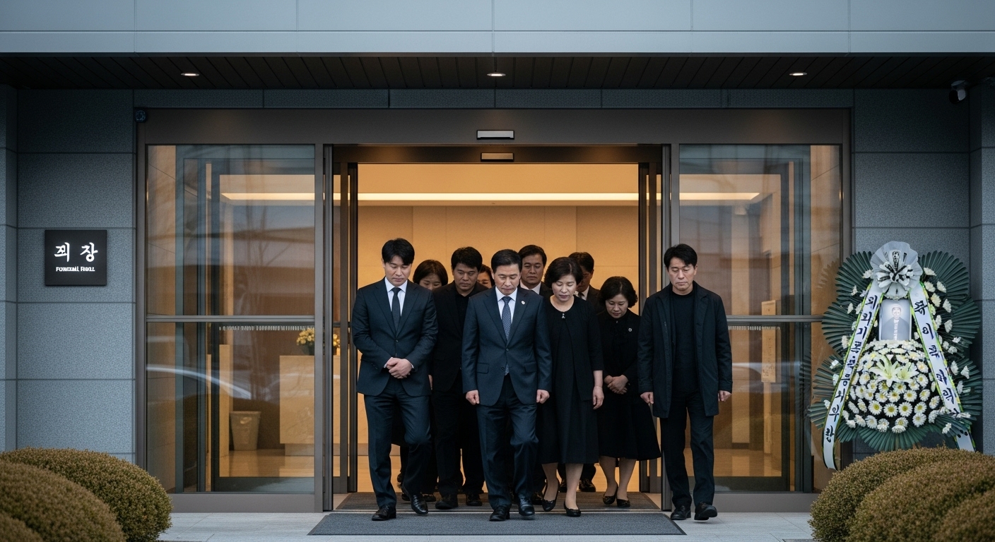 현대적인 한국 장례식장 입구에서 사람들이 정중한 복장을 하고 조용히 들어가는 모습