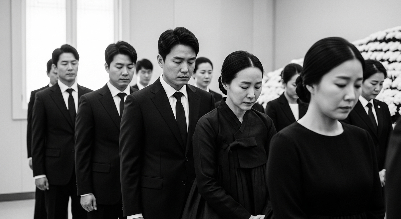 남성은 검은 정장, 여성은 단정한 무채색 드레스를 입고 있는 모습