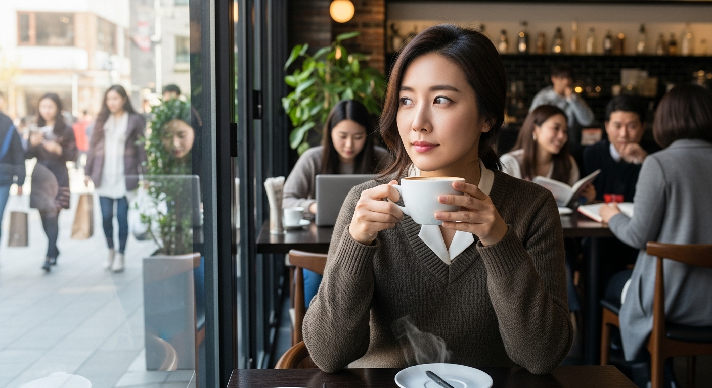 서울 카페에서 사람들의 감정을 관찰하는 여성의 사려 깊은 모습