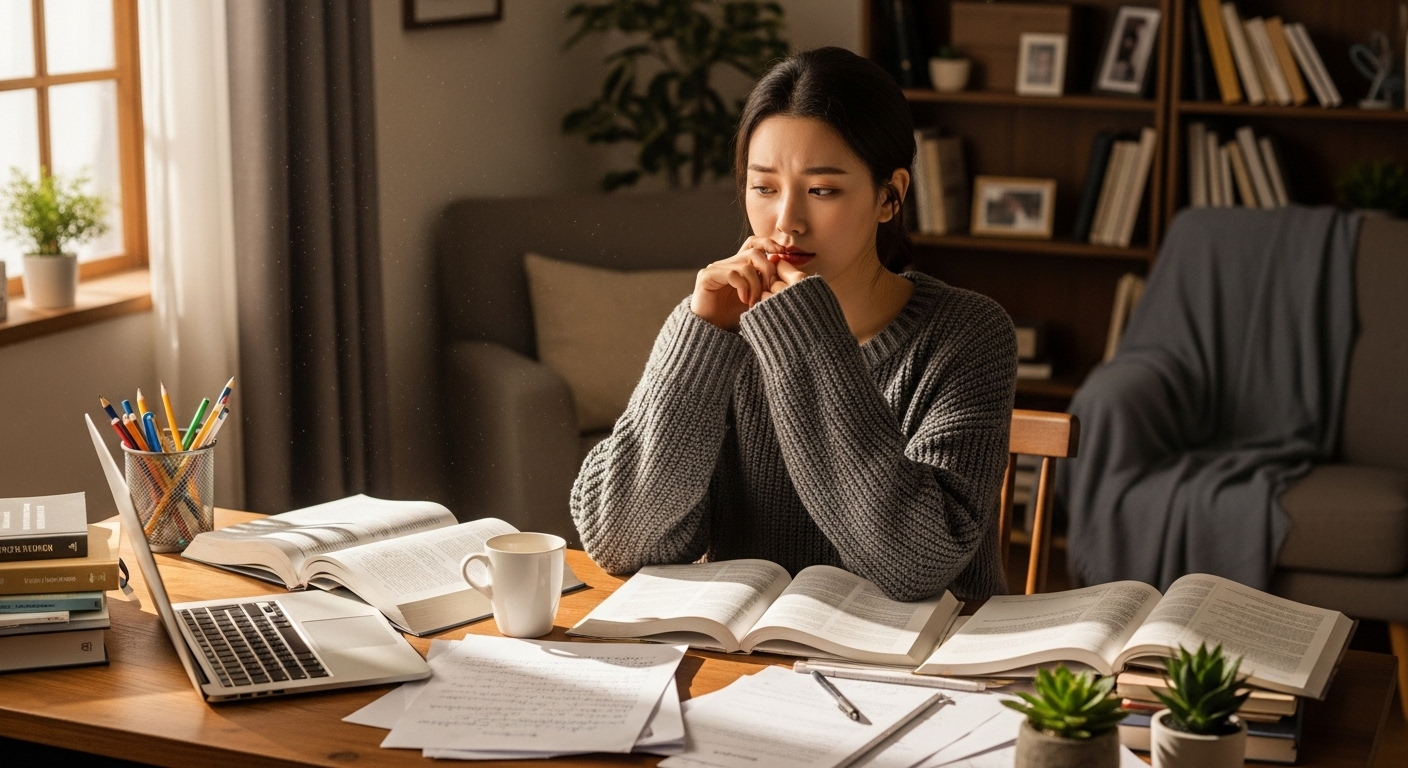 집무실에서 책상에 앉아 고민에 빠진 여성의 모습