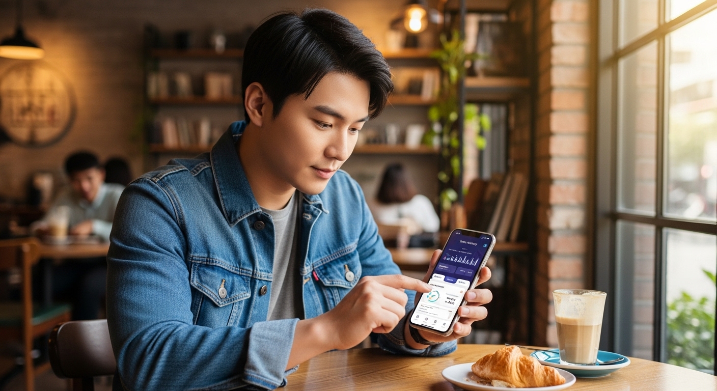 젊은 성인이 카페에서 스마트폰 앱을 통해 돈을 벌고 있는 모습