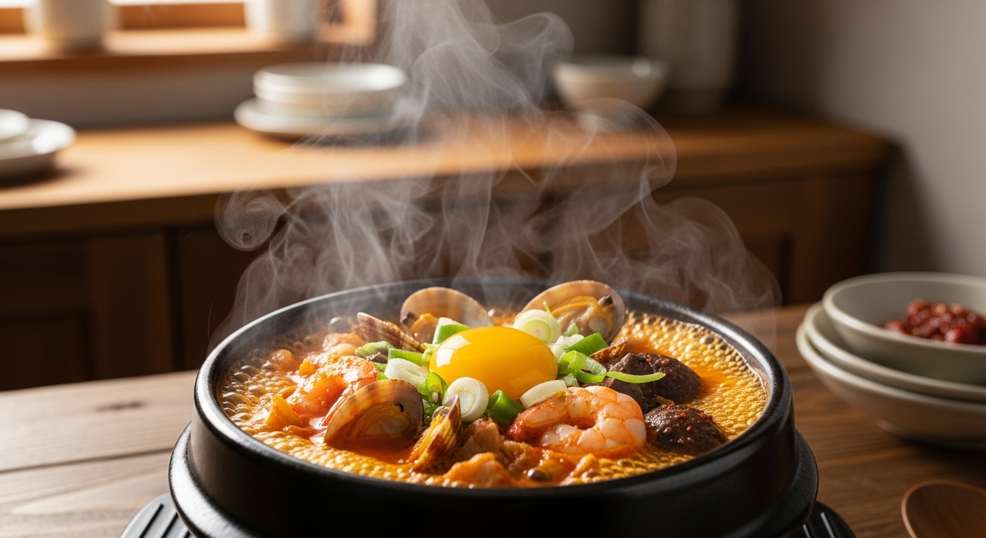 김이 모락모락 나는 바지락 해물 순두부찌개와 아늑한 겨울철 주방