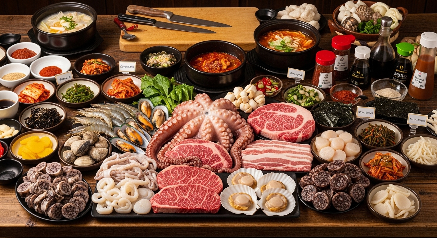 다양한 해산물과 고기로 이루어진 순두부찌개의 재료들