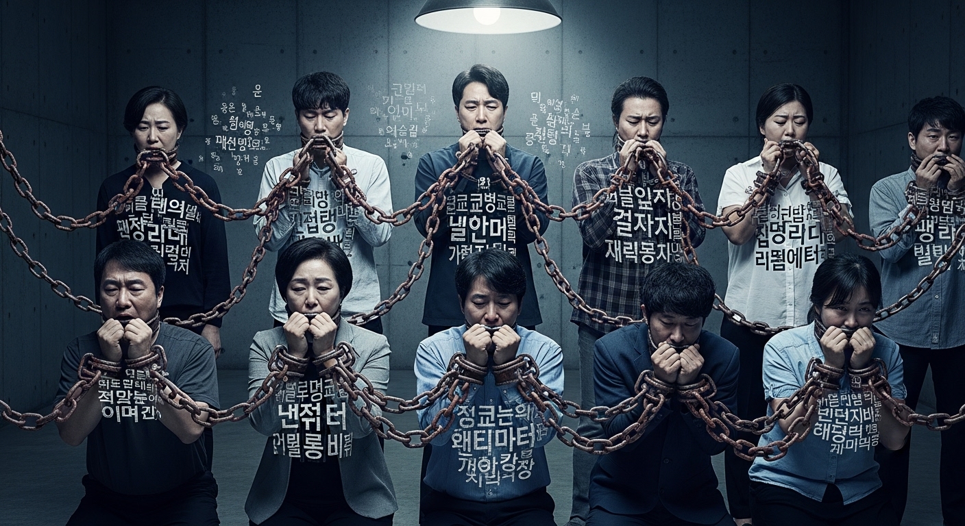 거짓 자백에 의해 억압받는 사람들을 표현한 개념적 이미지