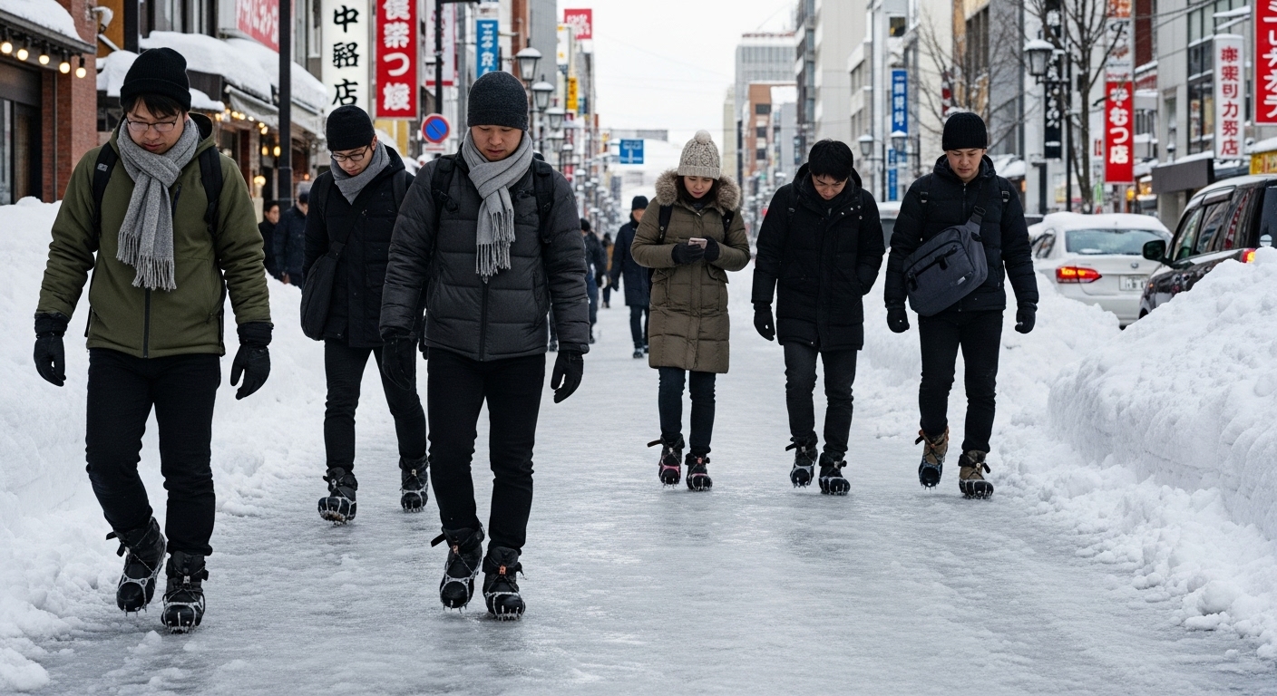 사람들이 미끄럼 방지 장비를 착용하고 걷고 있는 눈 덮인 거리