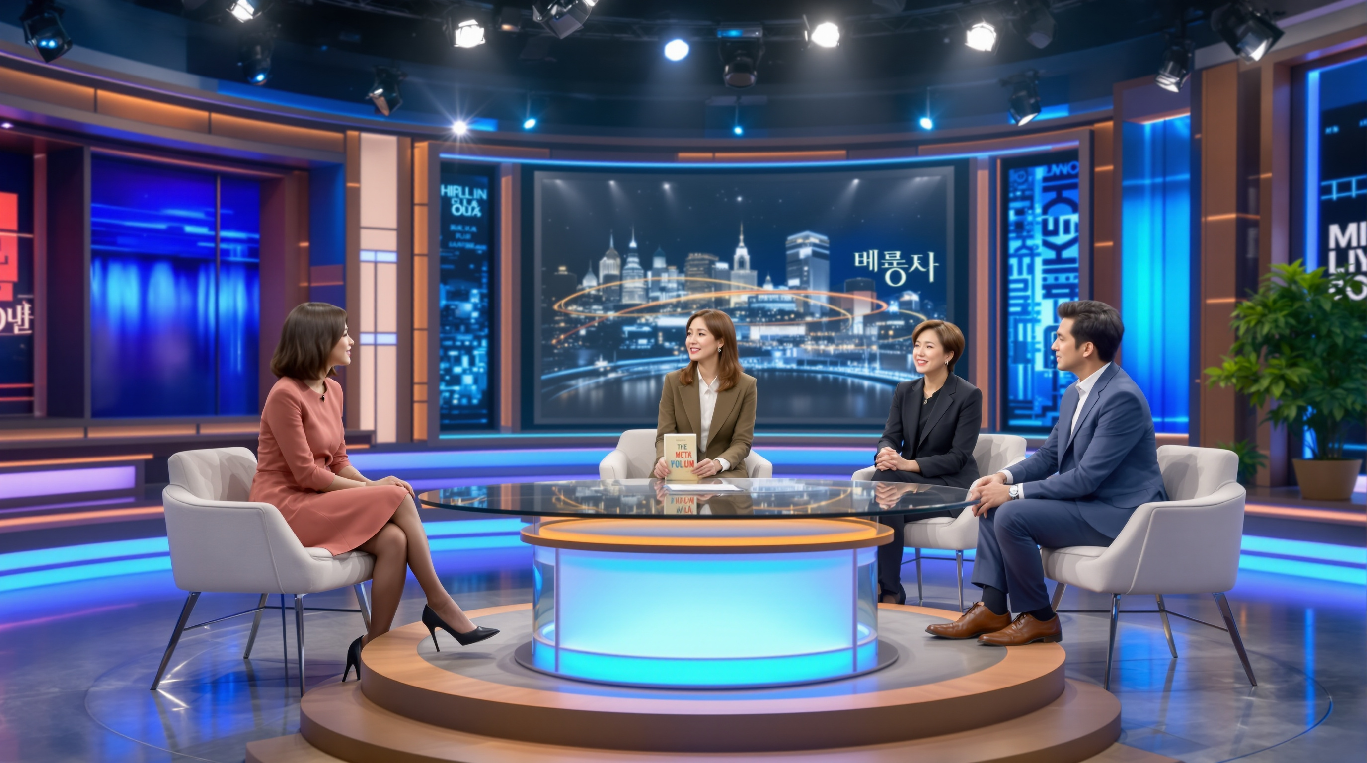 한국 유명인이 TV 스튜디오에서 책을 홍보하는 모습