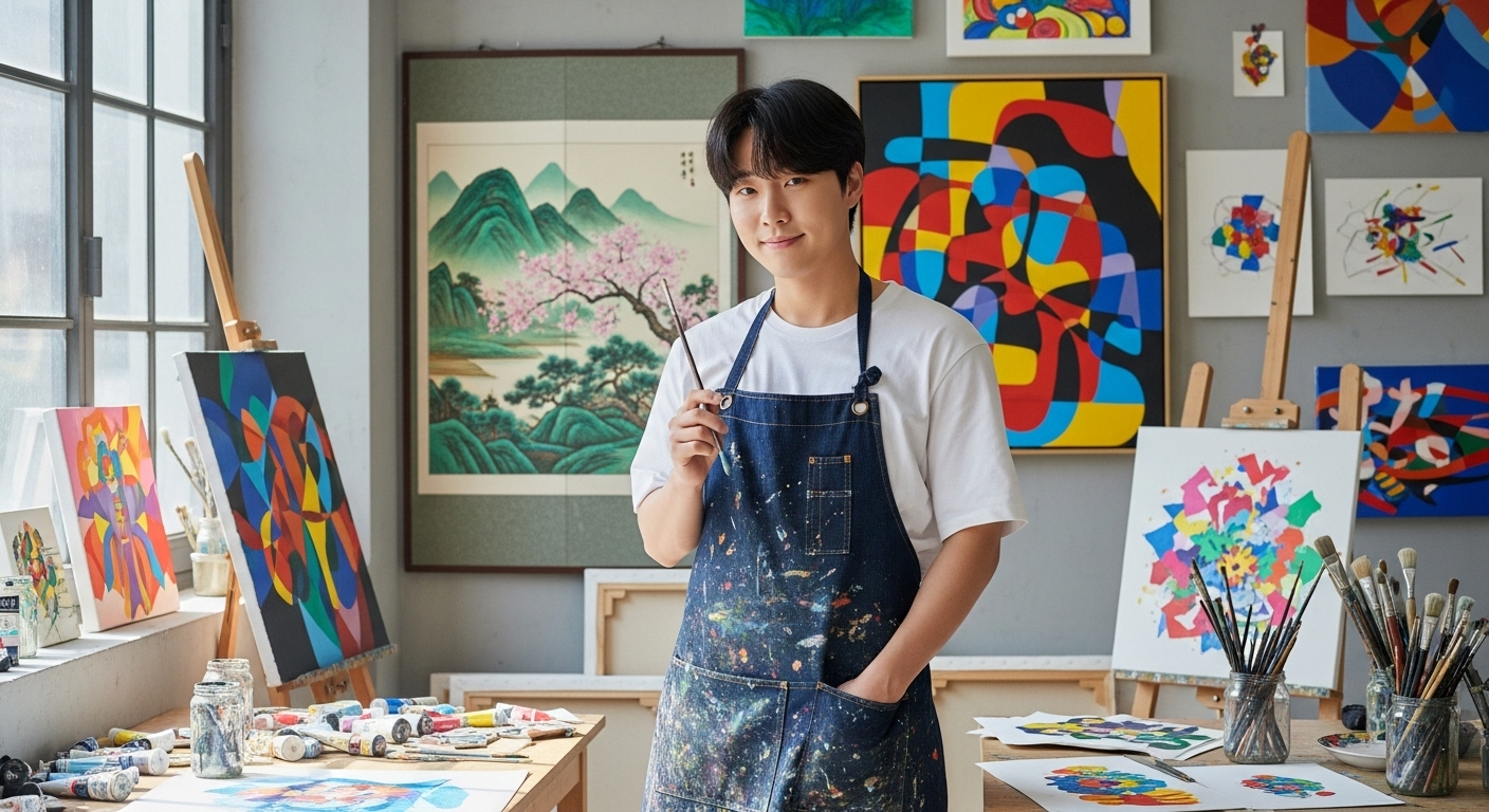 젊은 예술가가 전통과 현대 미술작품으로 가득한 작업실에 서 있는 모습