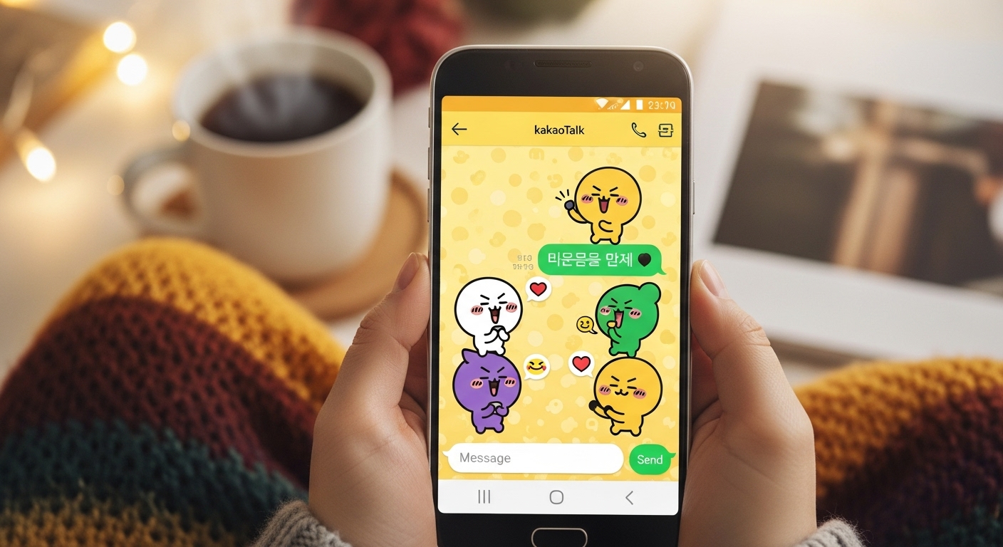 귀여운 가나디 캐릭터가 있는 카카오톡 화면을 보여주는 스마트폰