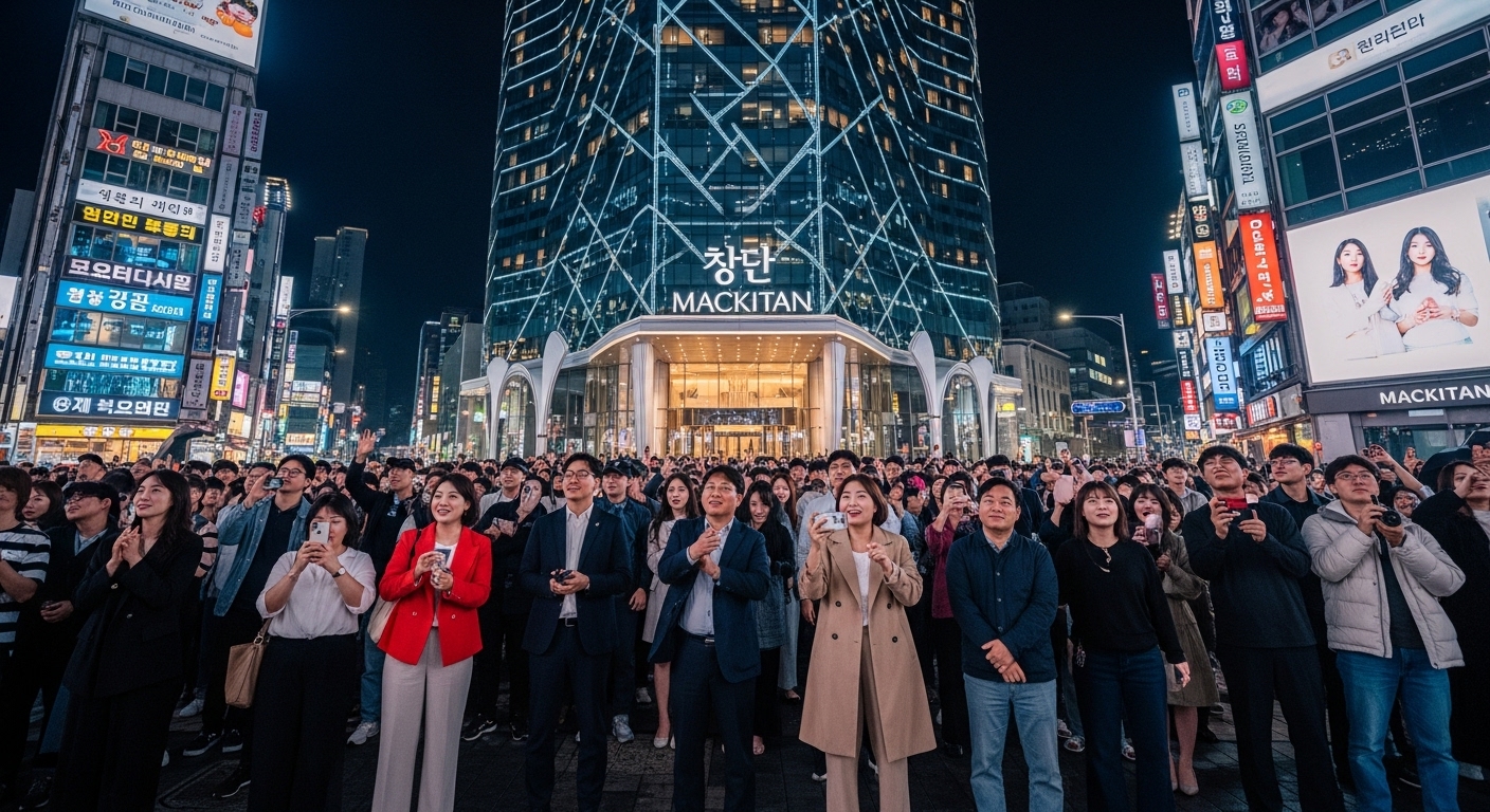 현대적인 서울의 매키탄 호텔 앞에서 흥분된 관객들이 모여드는 모습