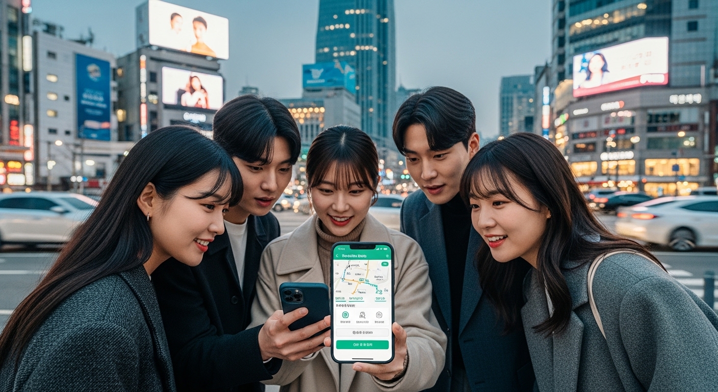 현대적인 도시 배경에서 스마트폰으로 콘서트 셔틀버스를 예약하는 사람들
