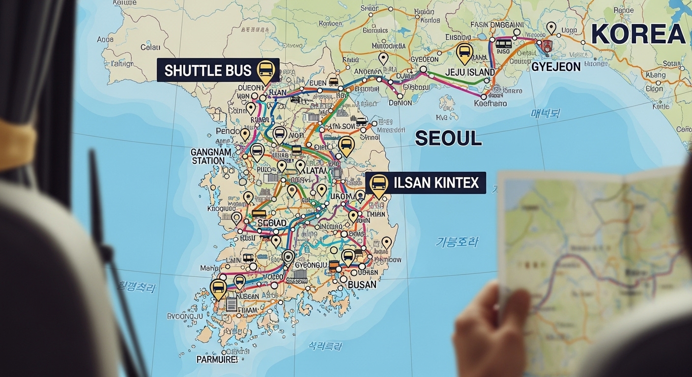 한국의 다양한 출발지와 랜드마크가 표시된 지도 위에 있는 셔틀 버스 노선