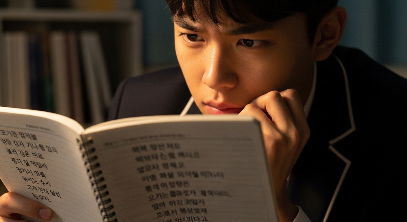노트에 적힌 노래 가사를 읽으며 도덕성과 충동 사이에서 갈등하는 학생