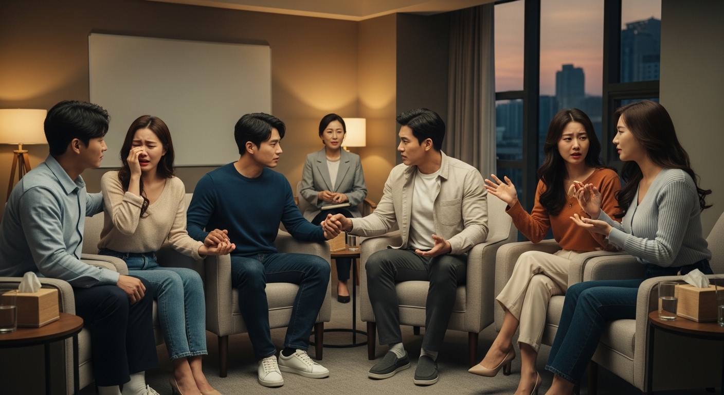 현대 한국 부부들이 그룹 치료 세션에서 진지하게 논의하는 모습