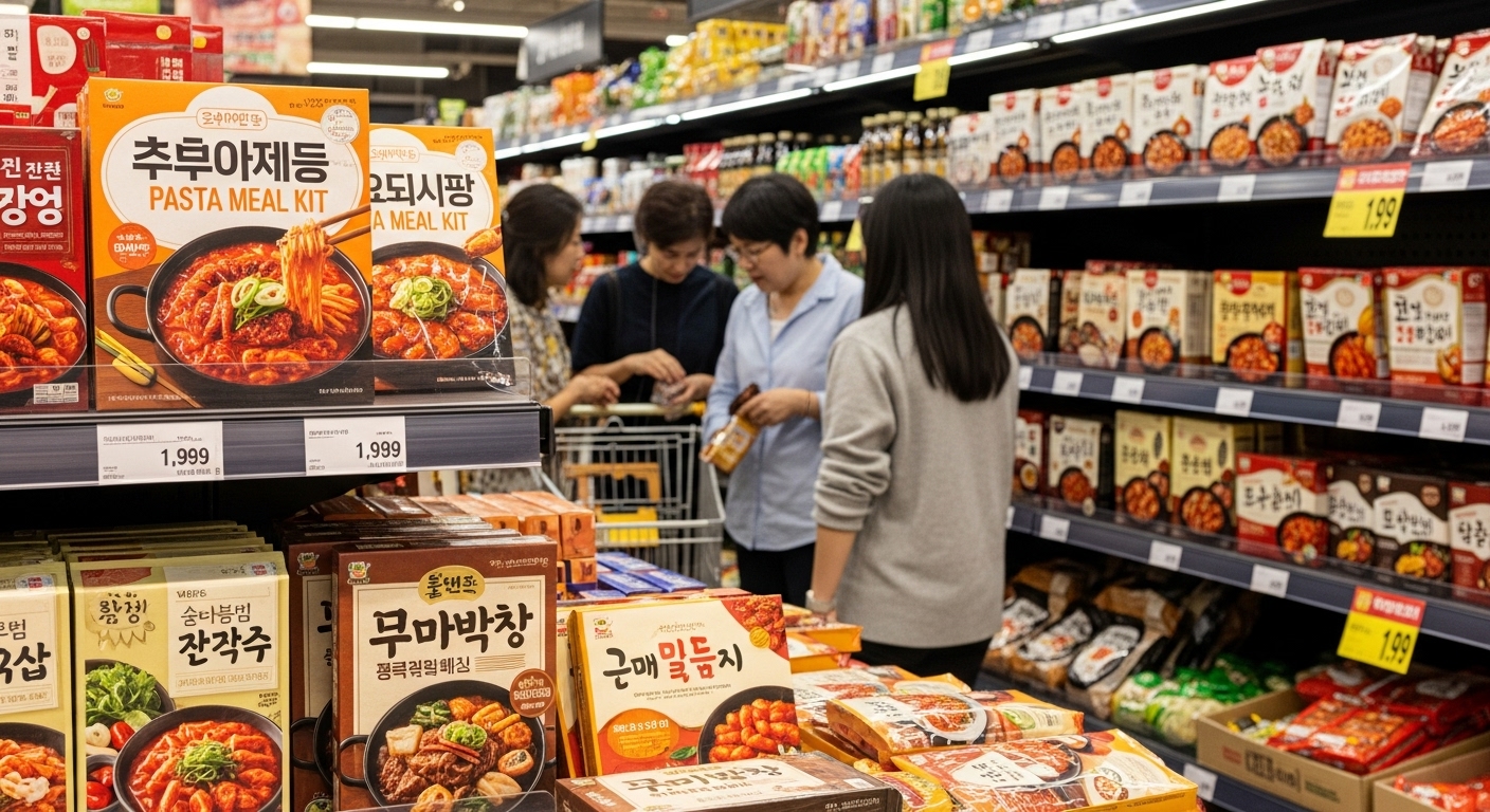 다양한 밀키트가 진열된 한국 슈퍼마켓 통로의 모습