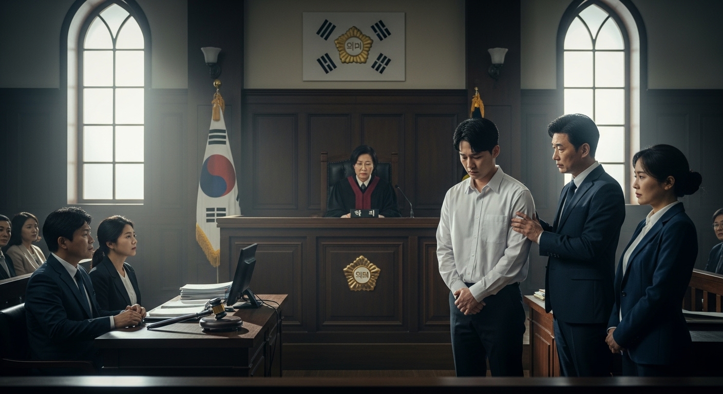 법정에서 피고인이 판사를 마주하고 있는 긴장된 장면