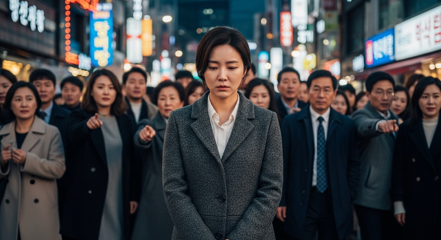 도시에서 고립된 여성이 주변 사람들의 냉담함과 비난 속에 놓여 있는 모습