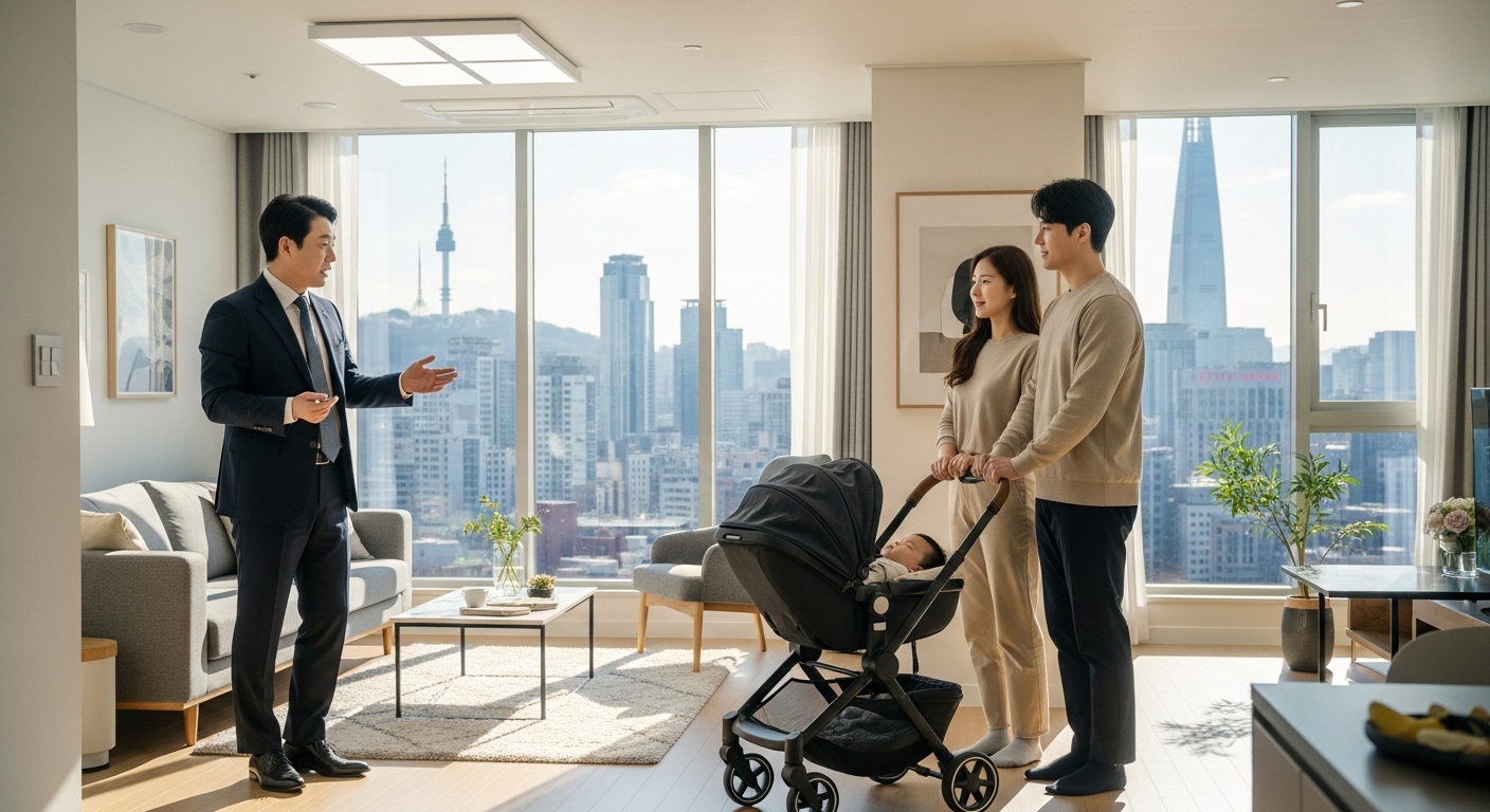 유모차를 동반한 젊은 부부에게 아파트를 보여주는 부동산 중개인