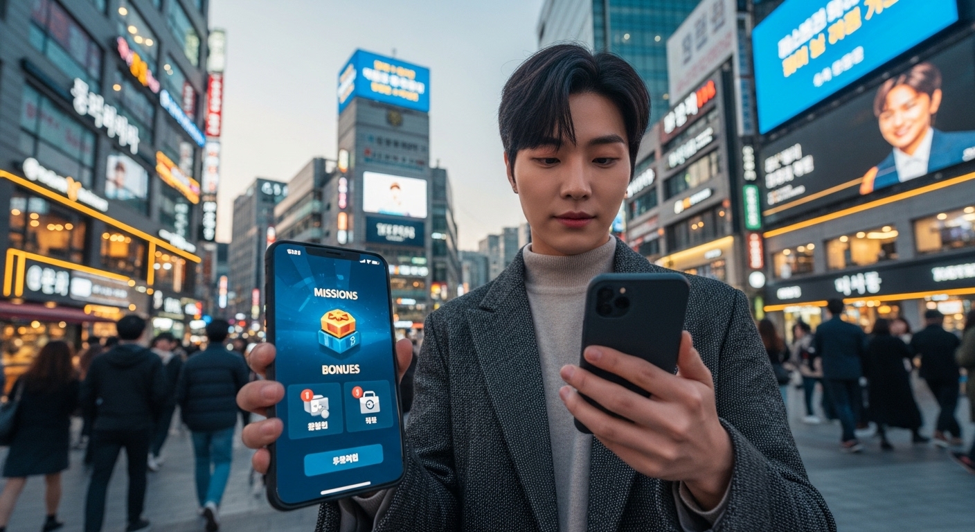 한국인이 스마트폰을 확인하며 미션과 보너스 알림을 받는 바쁜 도시 환경