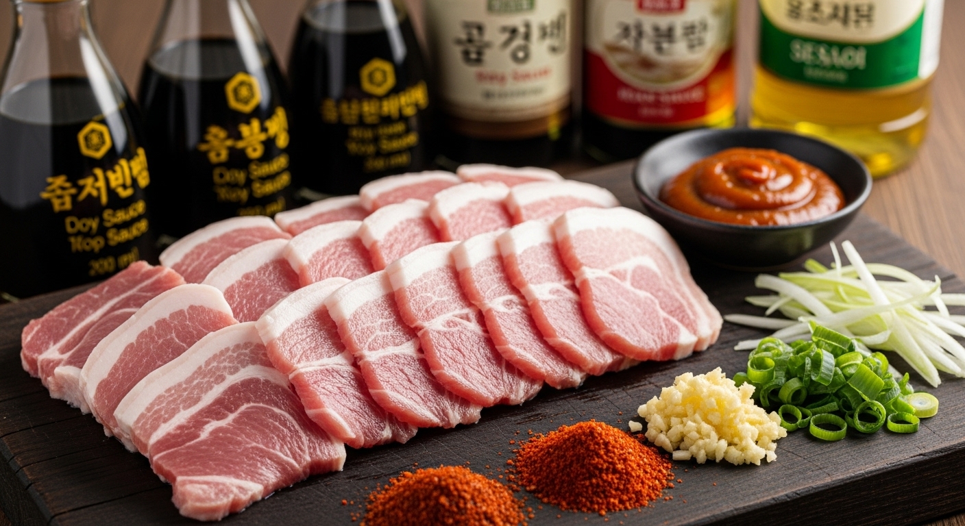 신선한 돼지고기와 한국 향신료들이 있는 클로즈업 장면