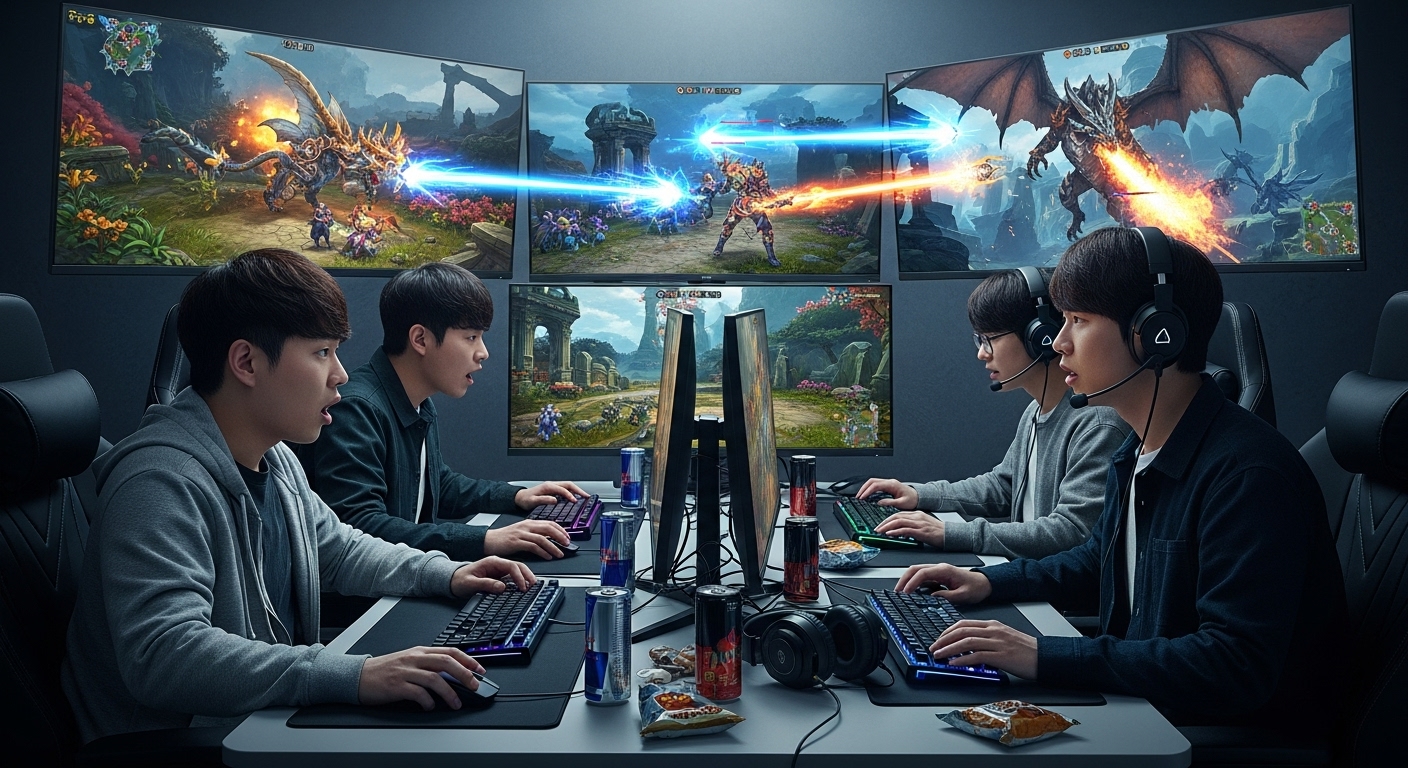 한국 게이머들이 화려한 가상 세계에서 몬스터와 전투하는 모습