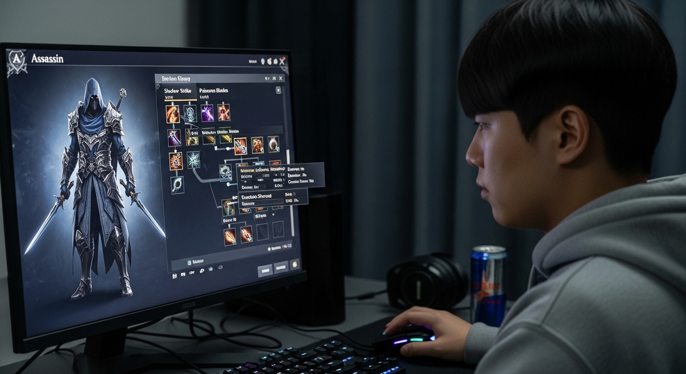 디지털 화면에서 암살자 클래스 캐릭터의 스킬 빌드를 설정하는 집중된 한국 게이머