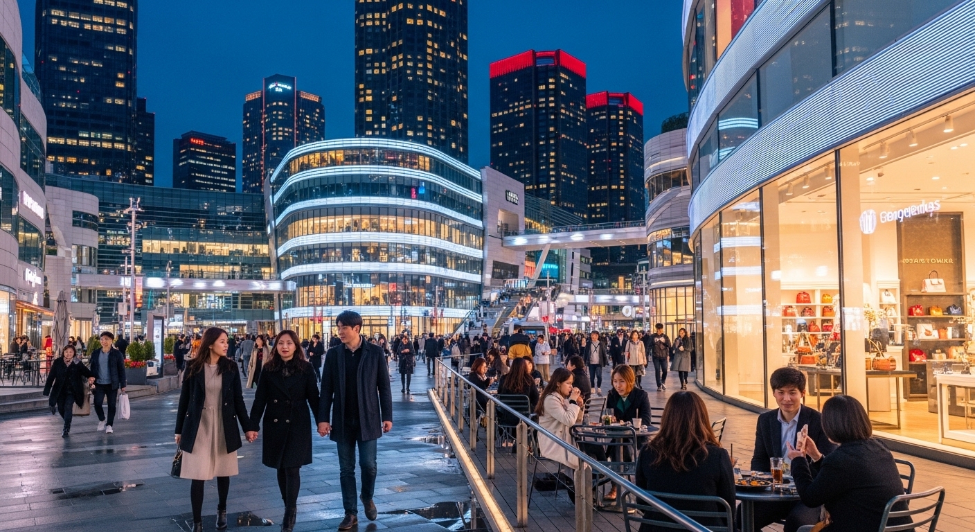 강남 코엑스에서 쇼핑과 식사를 즐기는 현대적인 커플들