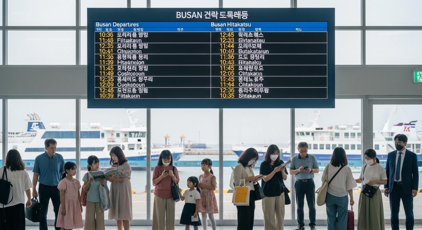 다양한 출발 시간을 보여주는 디지털 시간표와 승객들
