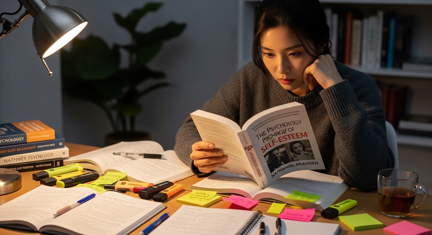 독서 테이블에서 책과 노트를 보며 심리적 주제를 분석하는 사람