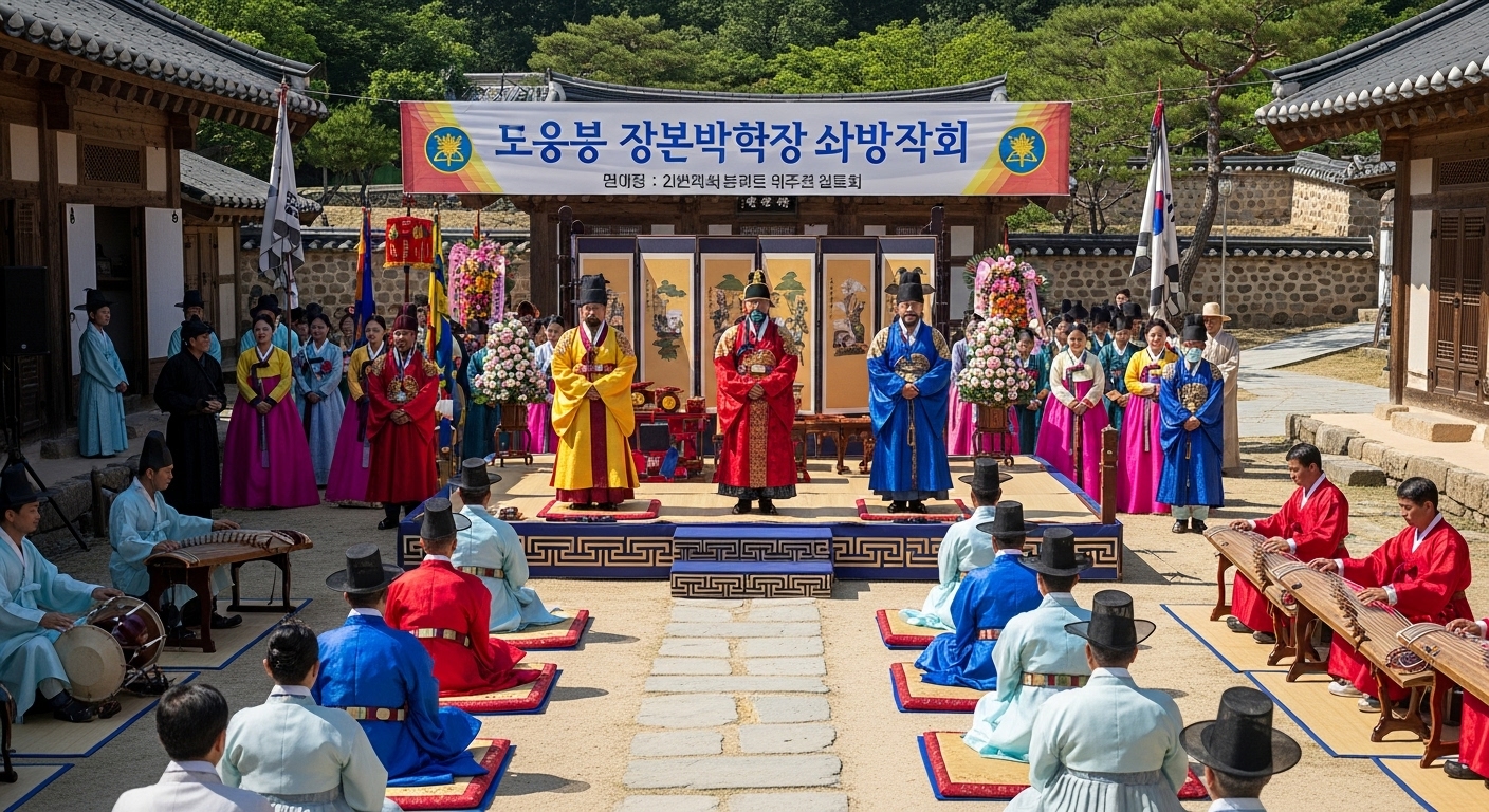 전통 복장을 입은 사람들이 역사적인 분위기 속에서 공식 행사를 진행하는 모습