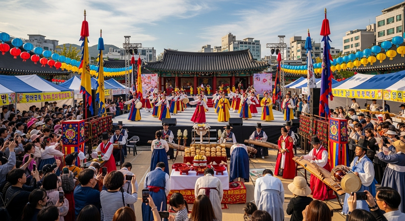 활기찬 공연과 전통 제례가 펼쳐지는 연례 축제 현장