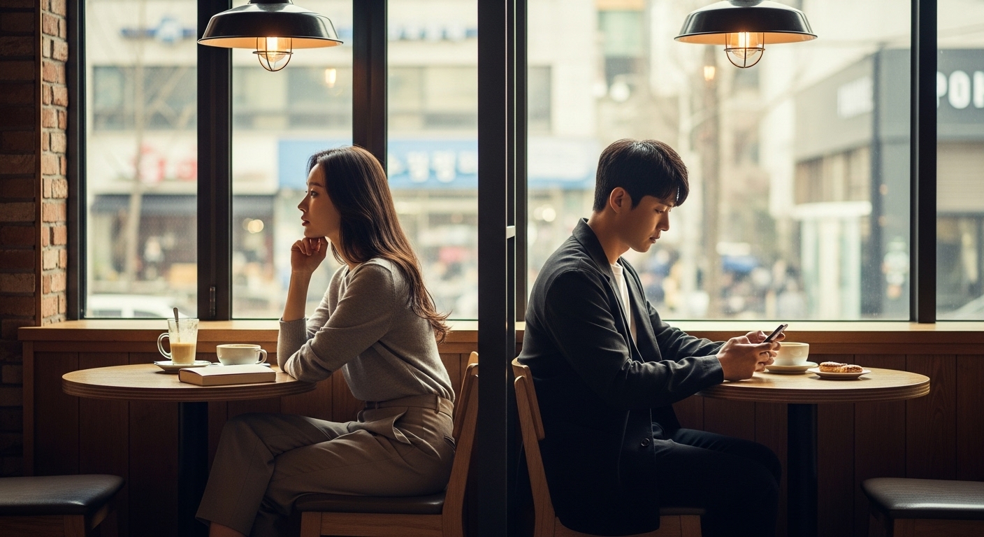 카페에서 떨어져 앉아 각자의 생각에 잠긴 한국 커플의 모습